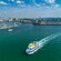 Un bote lleno de personas navega por un muelle y una ciudad costera